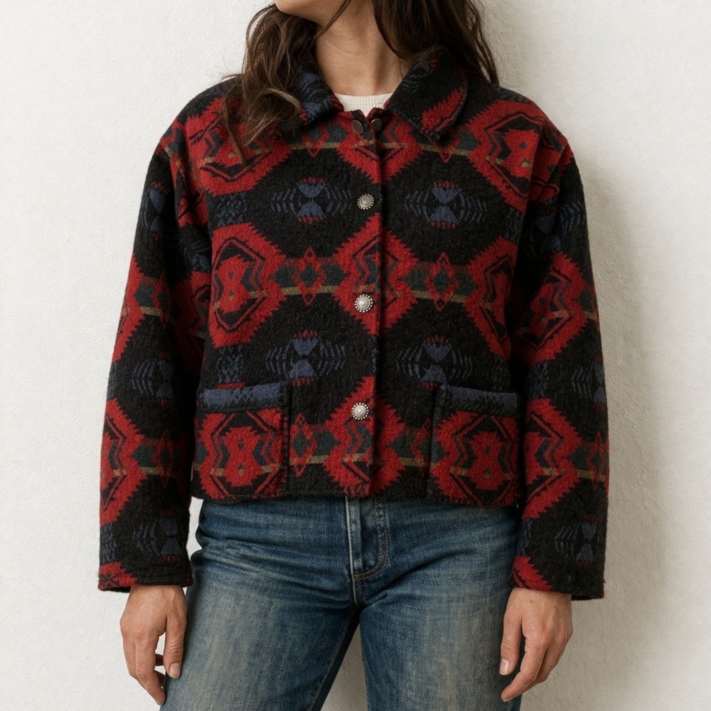 Vintage Rhonda Stark Wool Jacket – XL Red Black Southwestern Concho READ